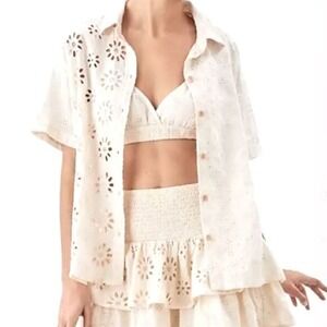 American Eagle Cream Eyelet Button Down Shirt Womens XL Boho Summer Boxy Fit